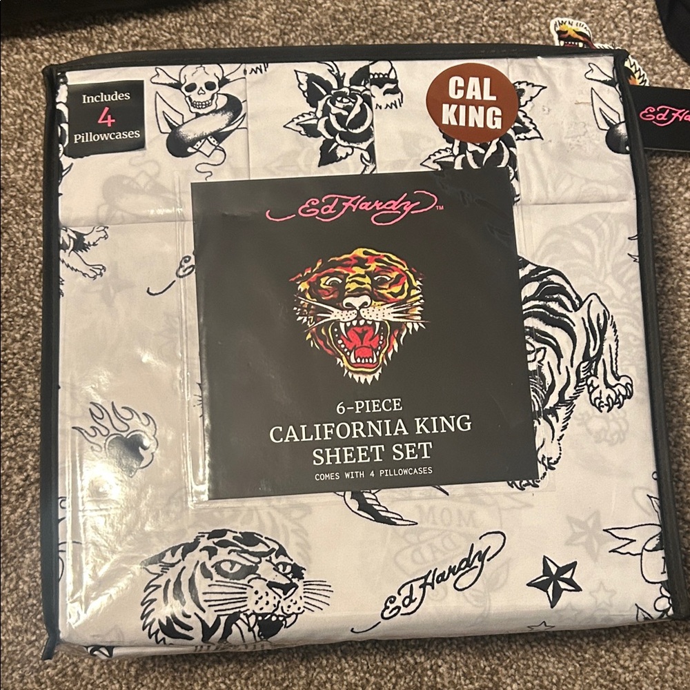 Ed Hardy California King Sheet Set - Black and White Tiger Design